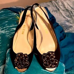 Anne Klein Akfarrah Black Suede Shoe with Silver Studded Flower Toe Topper